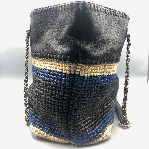 Tory Burch Marion Raffia Straw Tote Blue Black Stripes Leather Trimmed + Wallet - Picture 4 of 16